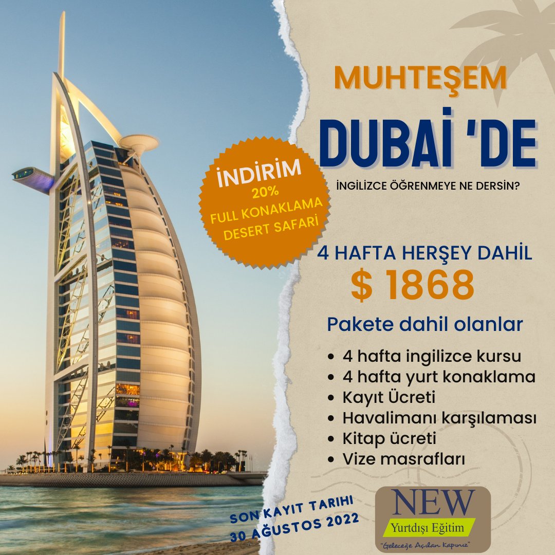 Çölün içindeki cennet Dubai’de hem İngilizcenizi geliştirin hem tatil yapın!
Son Kayıt Tarihi 30 Ağustos 2022.
Detaylı bilgi için;
👇👇👇👇
☎️ 0 (850) 224 09 96
📞 0 (507) 460 77 74
📧 info@nileduworld.com
🌐 nileduworld.com