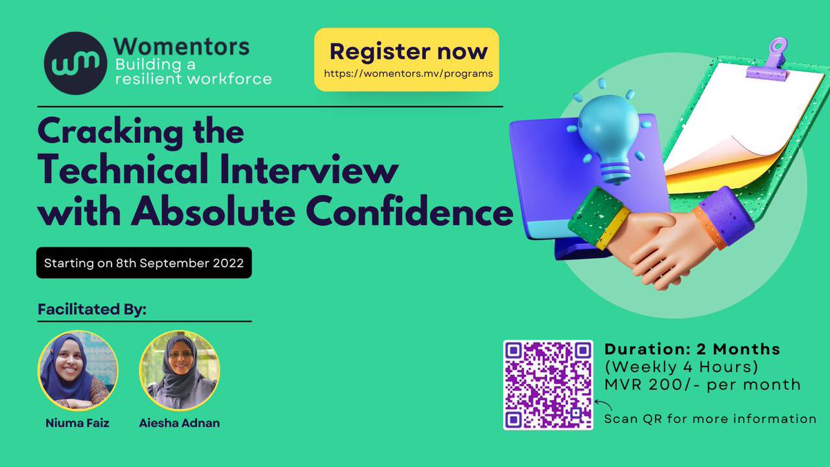 Getting prepared for your dream career? Join the “Cracking the Technical Interview with Absolute Confidence “ programme with <a href="/Knewmaa/">Knewma</a> and <a href="/Aieshas/">Aieshas</a> . Build your digital portfolio and be prepared to ace your interviews
Register : womentors.mv/program/cracki…