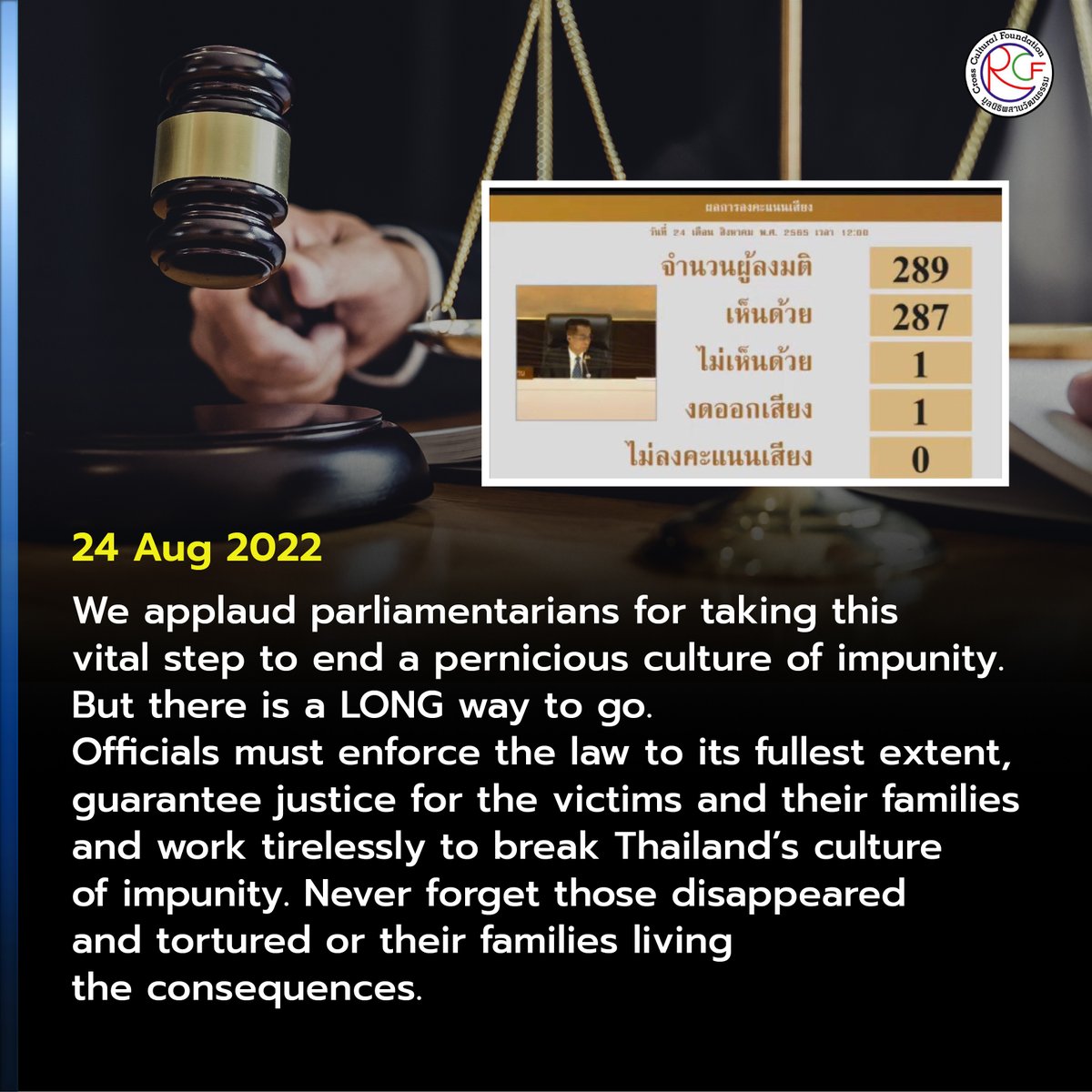 CrCF_Thailand's tweet photo. Thailand Parliament Passes Long-Awaited Anti-torture and Enforced Disappearance Bill

 #endtorture2022 #torturefreethailand #stopenforceddisappearance #stoptorture https://t.co/PC5OTNFPYF