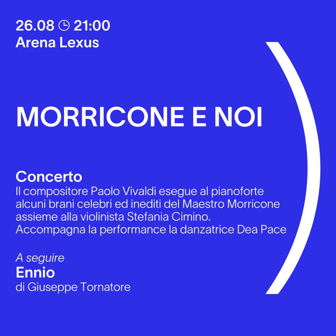 Venerdì 26 riviviamo la magia e le emozioni della #musica di #EnnioMorricone con il concerto del maestro Paolo Vivaldi e a seguire il film "Ennio" di #GiuseppeTornatore 

📍 26.08 ore 21:00 | Arena #Lexus
🎟 Biglietti tinyurl.com/yeb737uh

#isolaDelCinema