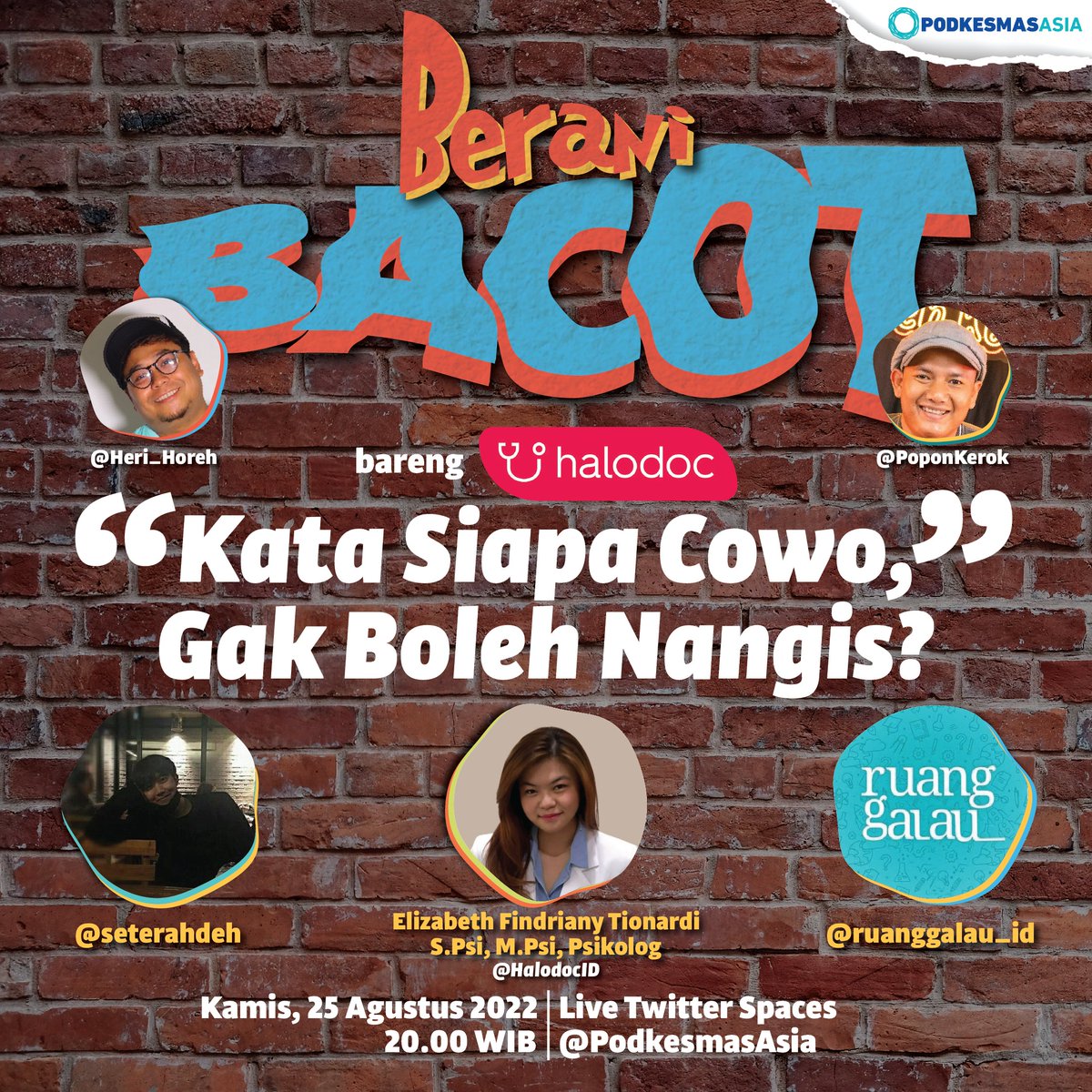 podkesmasasia's tweet photo. Katanya jadi cowok ga boleh nangis, Cowok harus kuat, harus tahan banting ga boleh lembek!

Itu namanya Toxic Masculinity! Ga boleh gituu tau! Gimana ka @seterahdeh dan @ruanggalau_id setuju ga? 

Besok #BeraniBacotdiHalodoc jam 20.00 WIB! bareng @HalodocID #SehatMentalku https://t.co/uWA4HytxTd