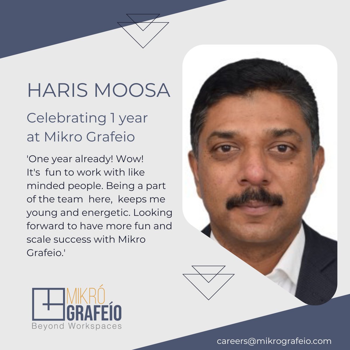 MikroGrafeio's tweet photo. We've had an exciting and eventful year with Haris Moosa by our side! The amazing partnerships that have been made possible through him and the ones that continue to be built are a testament to his persistence and hard work. #partnerships #workspacesolutions #BeyondWorkspaces https://t.co/C3wqeHXc1d