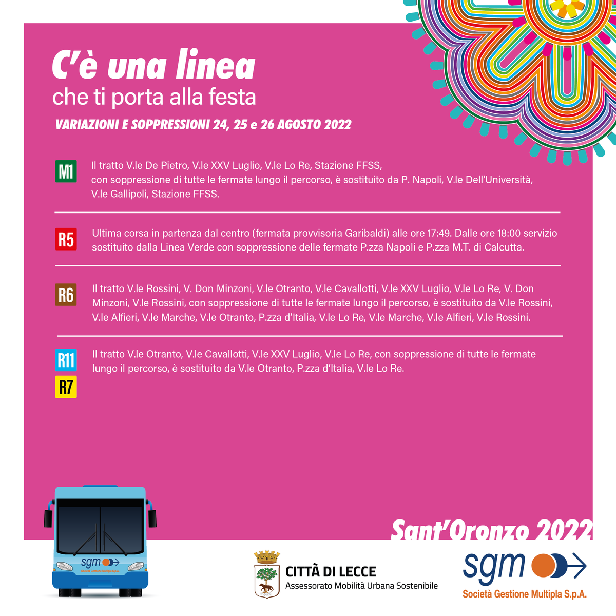 sgmlecce's tweet photo. 𝐈𝐧𝐢𝐳𝐢𝐚 𝐥𝐚 𝐅𝐞𝐬𝐭𝐚!
Ecco come muoverti a Lecce con il trasporto pubblico nei giorni 24, 25 e 26 agosto:
✅ navette e parcheggi gratuiti;
✅ prolungamento orari di servizio linee ordinarie;
✅ variazione percorsi.
Qui tutte le info 👉 https://t.co/eyYHrd63De
#sgmlecce https://t.co/vBhH09T2Nt