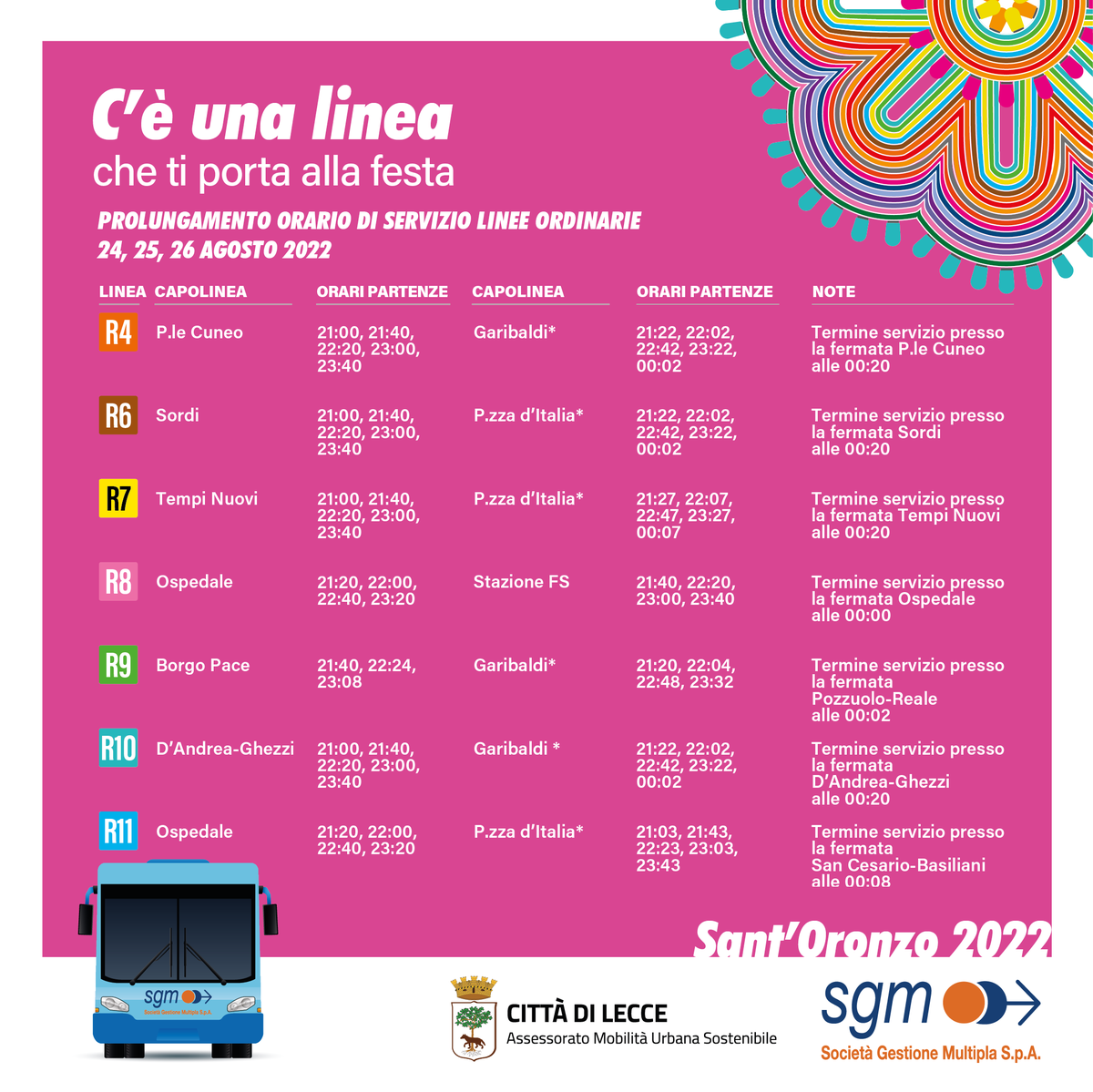 sgmlecce's tweet photo. 𝐈𝐧𝐢𝐳𝐢𝐚 𝐥𝐚 𝐅𝐞𝐬𝐭𝐚!
Ecco come muoverti a Lecce con il trasporto pubblico nei giorni 24, 25 e 26 agosto:
✅ navette e parcheggi gratuiti;
✅ prolungamento orari di servizio linee ordinarie;
✅ variazione percorsi.
Qui tutte le info 👉 https://t.co/eyYHrd63De
#sgmlecce https://t.co/vBhH09T2Nt