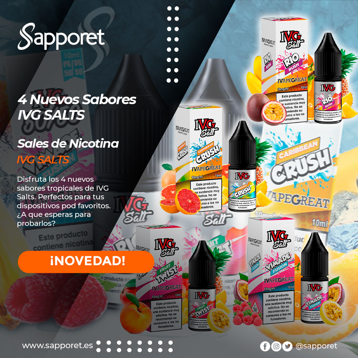 🆕Prueba los nuevos E-Liquid frutales y helados de IVG Salts con sales de nicotina🆕
¡Sorprendentes!

ow.ly/VFPT50Kq84O