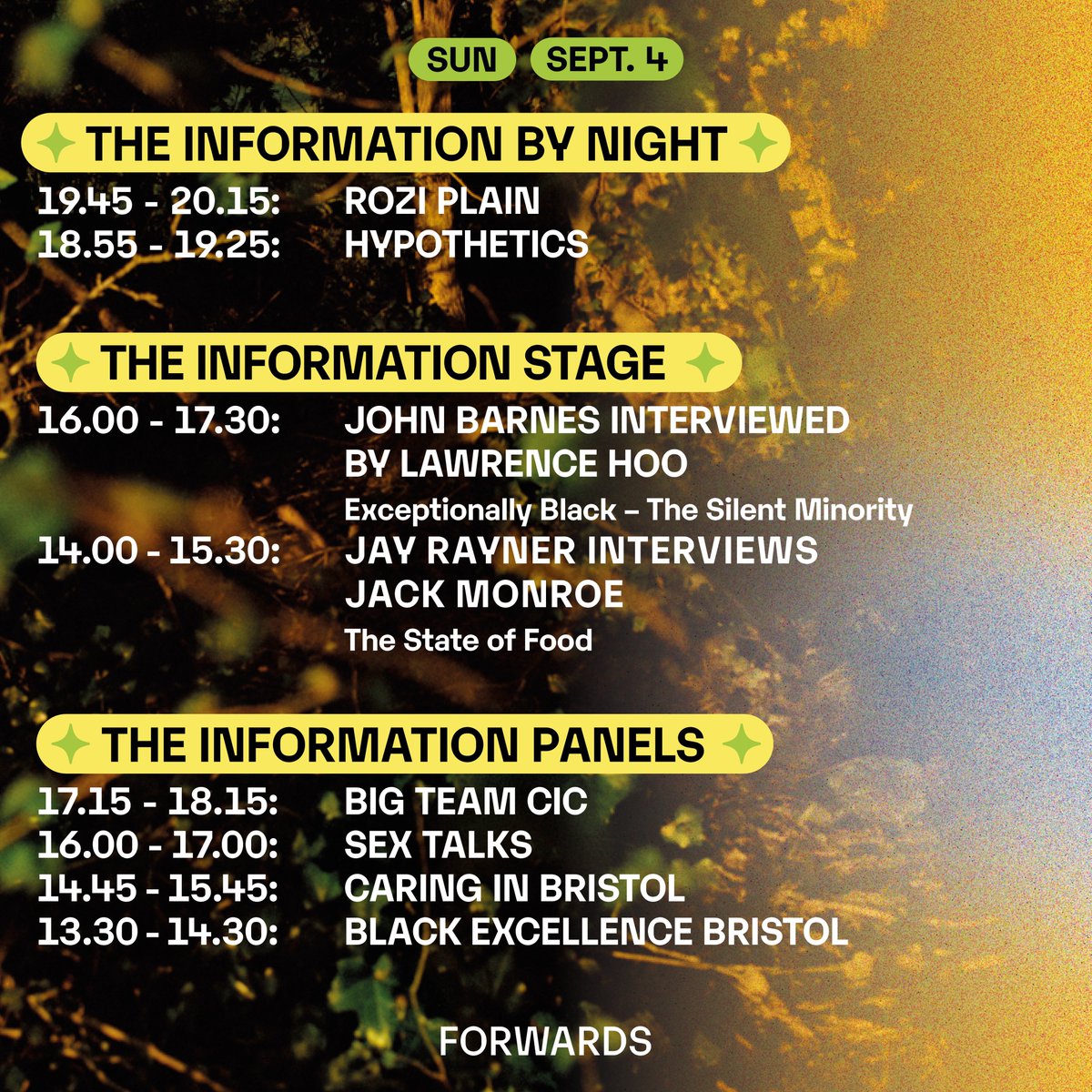 ForwardsBristol's tweet photo. Full set times for our 2022 programme are here ✨🌳

Just 10 days to go, tickets on Final Release and running low...

#FORWARDSBristol https://t.co/L6q1Kiuxkp