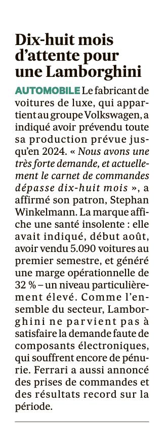 TrouveAurelie's tweet photo. Ventes record de voitures de luxe Lamborghini 🎉
Prix du modèle de base : 180000€ soit 12 ans de salaire au SMIC
Des émissions CO2 record (370 g/km)
👉 Quand les ultra riches se gavent et tuent la planète, les autres subissent l'inflation, les incendies et la sécheresse https://t.co/qR1wdly7bZ