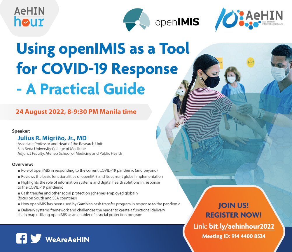 WeAreAeHIN's tweet photo. Tonight at 8 PM Manila time, Dr. Julius Migrino will present the webinar titled "Using #openIMIS as a Tool for #COVID19 Response – A Practical Guide".
Feel free to join us at https://t.co/sPosIYhtZM!
@openIMIS https://t.co/ttGfOR3etW