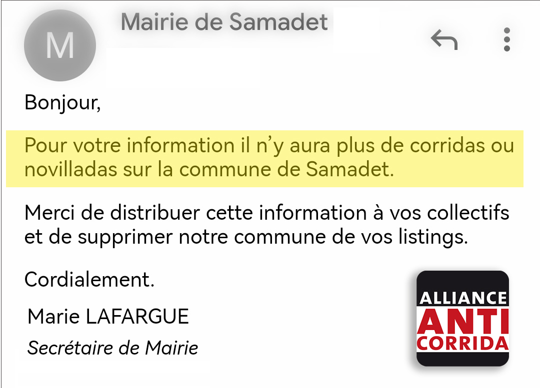 Anticorrida's tweet photo. Victoire ! Une ville de #corrida en moins grâce aux adhérents de l'Alliance @anticorrida qui boycottent les villes de sang et le font savoir avec https://t.co/HFRVQxTOF6  @CordaniOfficiel @HenryJeanServat @GermaineRoche1 @Vetitude @20320Vero @JustineADP @PrFeuillage @Eliottthefox https://t.co/Am56uVquzt