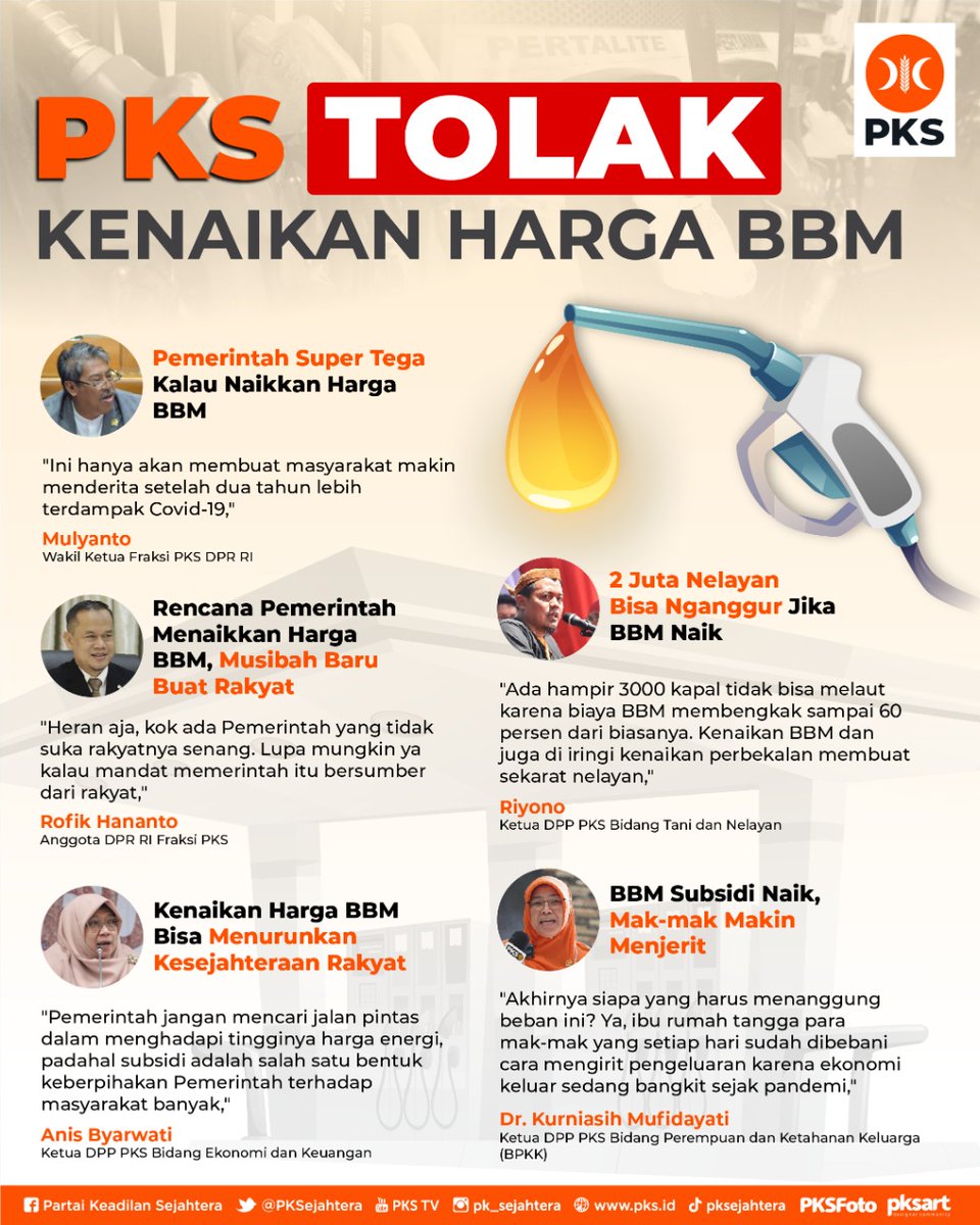 PKSejahtera's tweet photo. PKS TOLAK KENAIKAN HARGA BBM

Pemerintah jangan membuat rakyat makin terhimpit dengan rencana kenaikan BBM Bersubsidi. Dalam masa pemulihan ekonomi nasional seperti sekarang Pemerintah harusnya memperbanyak insentif bagi masyarakat kecil. https://t.co/lLzW95Ltv5