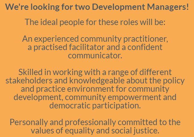 SCDC_Org's tweet photo. Fancy joining Team SCDC? 

We're looking for 2 Development Managers.

If you're passionate about democracy, social justice and community empowerment, this is your opportunity to make a difference to people and communities across Scotland.

Apply now! 

https://t.co/QkaimAy7Px https://t.co/tjvZRzsSua