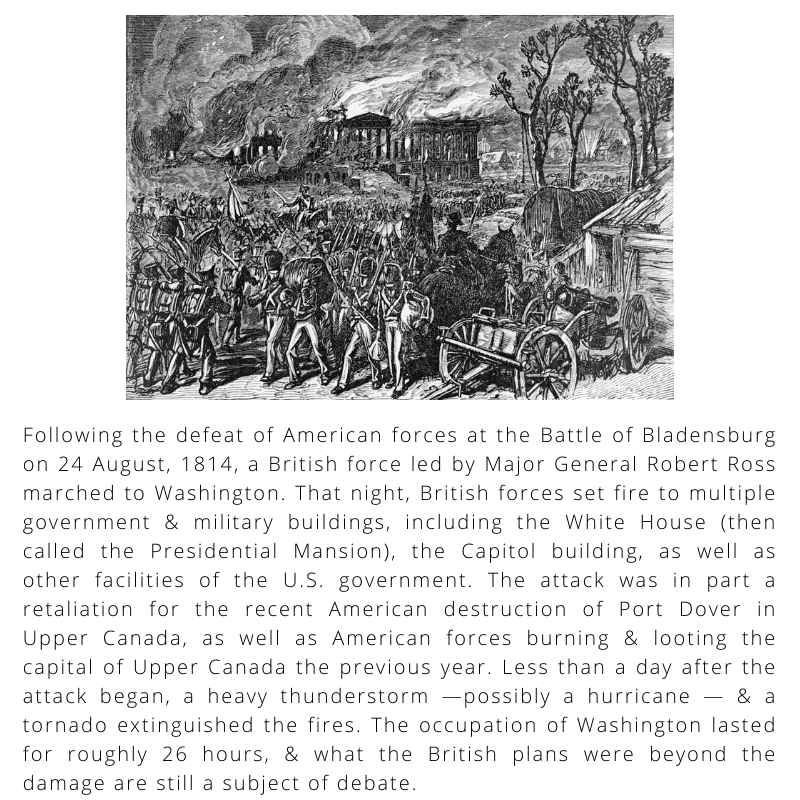BritishHistorym's tweet photo. #otd 24 August 1814 – War of 1812: British troops invade Washington, D.C. and during the Burning of Washington the White House, the Capitol and many other buildings are set ablaze.
#britishhistory #britisharmy #d24aug #ushistory #thewhitehouse #warof1812 https://t.co/Pzwajz7YvS