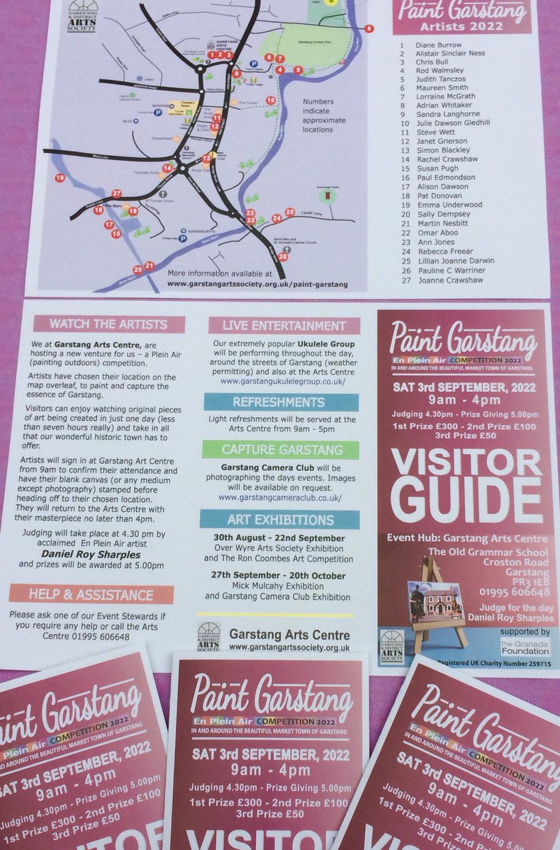 ArtsGarstang's tweet photo. Thank you so much to all the Artists who have registered for our 'Paint Garstang' Plein Air Competition 2022' YOU ARE NOW ON THE MAP 🙂.  The Visitor Guide will be available from Thursday 25th at the Arts Centre and various outlets in Garstang. #paintgarstang @LancsLive https://t.co/RcGk9Mxez8