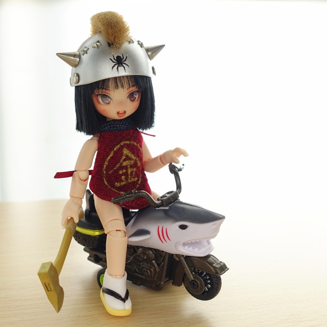 金太郎ちゃんにその辺にあった物を支給しました。拙作「モヒカンヘルメット」とダイソーの「動物車・サメ」
らめびに入った者はみな悪の衝動に目覚める運命なのです😋🤪