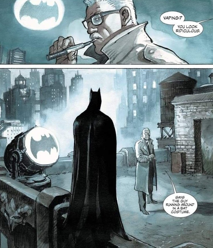TheBat_Family's tweet photo. Jim Gordon vaping. That's it. That's the tweet. https://t.co/DPr1DRNWbw