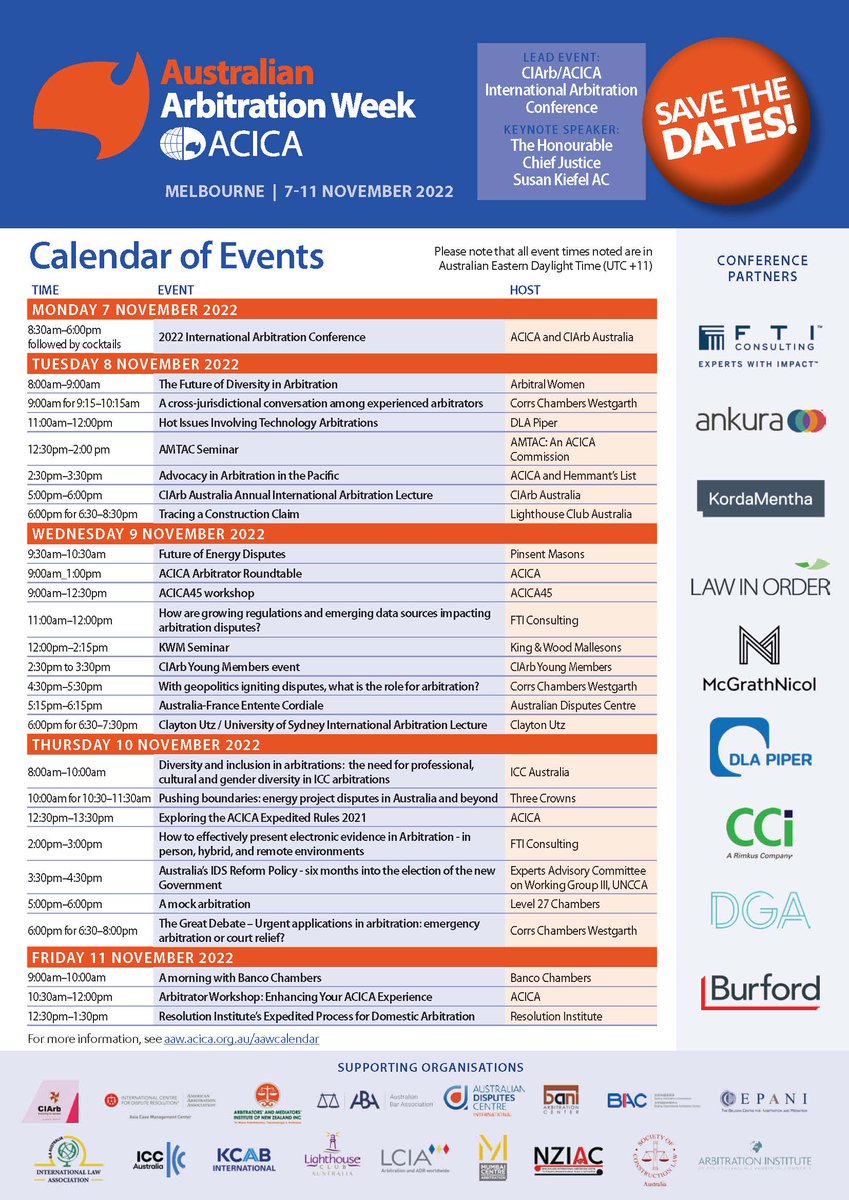 ILA_Australia's tweet photo. RSVP for 🇦���� Arbitration Week on Nov 7-11 in Melbourne! The main International Arbitration Conference features Hon. Chief Justice Susan Kiefel AC as keynote speaker and hosted by Australian Centre for International Commercial Arbitration &amp; @CIArbAustralia: https://t.co/RM9IMt5SFC https://t.co/s47N7CCLAR
