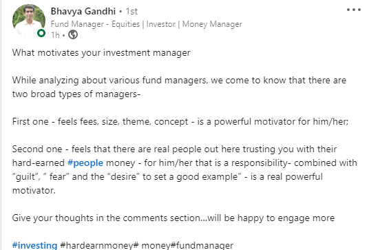 iwealthLLP's tweet photo. Check what are our Fund Manager Bhavya Gandhi's thoughts on what motivates your investment manager !!
#iwealthmanagement #fundmanagers #investments #investmentmanager #hardearnedmoney #market #investor https://t.co/OLZYnYpyvi