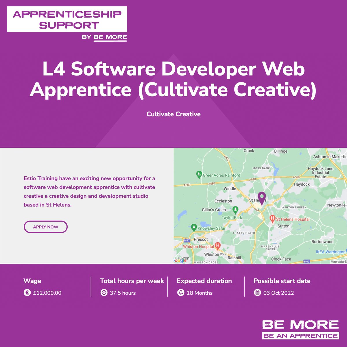 be_lcr's tweet photo. Estio Training have an exciting new #aprenticeship opportunity for a Software Web Development #Apprentice with Cultivate Creative, a creative design and development studio based in St Helens.

Find out more and apply here: https://t.co/ya15LZxOMO

#LCRBeMore https://t.co/RlyNRxRkZv
