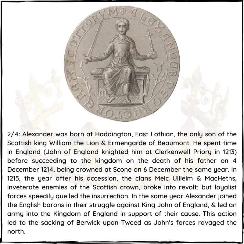 BritishHistorym's tweet photo. #otd 24 August 1198 – Alexander II of Scotland was born (d. 1249)
#kingofscots #alexanderII #royalhistory #d24aug #onthisdayinhistory https://t.co/Xvj3WvEHpP