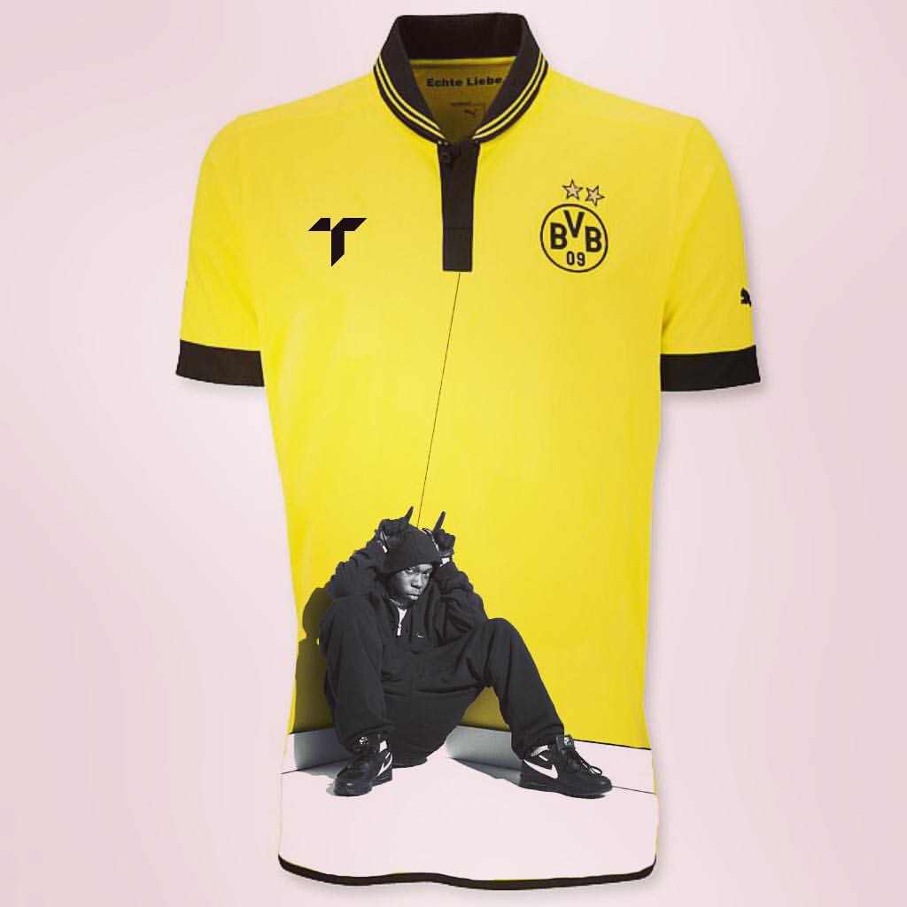 Plastician's tweet photo. Throwback to this Borussia Dortmund x Dizzee Rascal football shirt I designed back in 2015 https://t.co/BTzFpzl9eY
