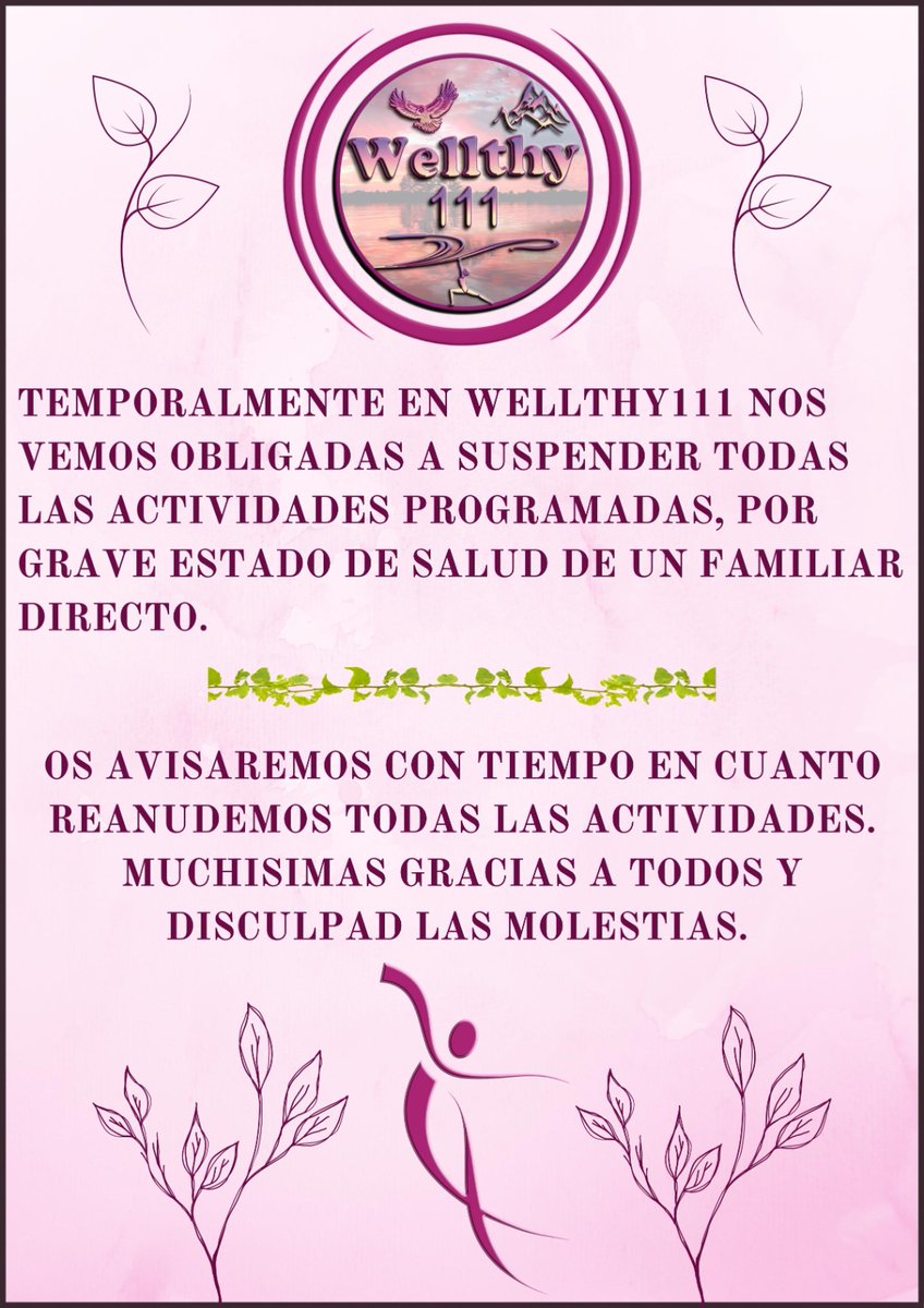 wellthy111's tweet image. Temporalmente en @wellthy111 nos vemos obligadas a suspender todas las actividades programadas, por grave estado de salud de un familiar directo. Os avisaremos con tiempo en cuanto reanudemos todas las actividades. Muchísimas gracias a todos y disculpad las molestias. ❤️