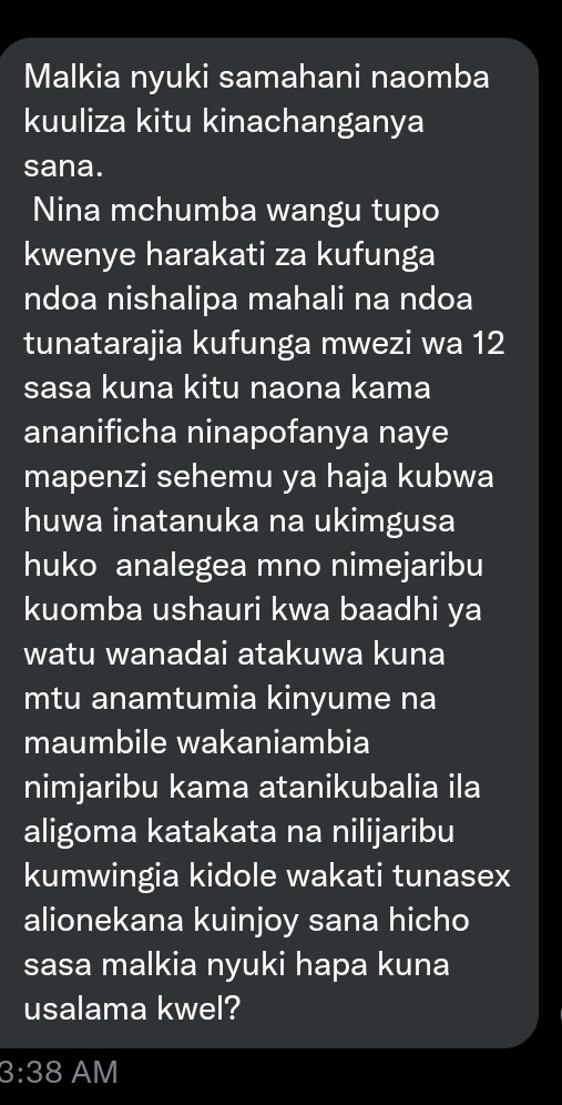 Si tulisema sex mpka ndoa jamani Anaomba ushauri hamuelewi mchumba ake
#tumshauri