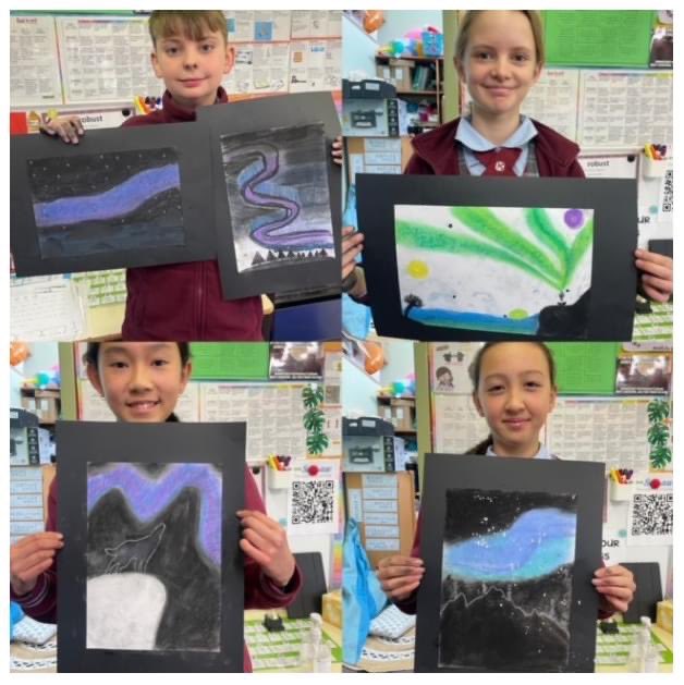 As part of Stage 3's conceptual unit on Earth and Space, 5/6S have been learning about and creating artworks depicting Aurora Borealis. They used chalks to illustrate the beautiful colours created by the electrons that originally came from the sun! Check out our incredible work!