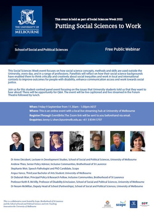 unimelbcrim's tweet photo. Join us for #SocialScienceWeek! Free webinar on how social science methods &amp; skills are put to work beyond the University. 

Panel w @AnneDecobert @McVillyKR + colleagues from @unimelb @Brotherhoodinfo @scope

Fri 9 Sept 11.30am - 1pm AEST

Stay tuned for registration link! https://t.co/2Kj2fEObNb