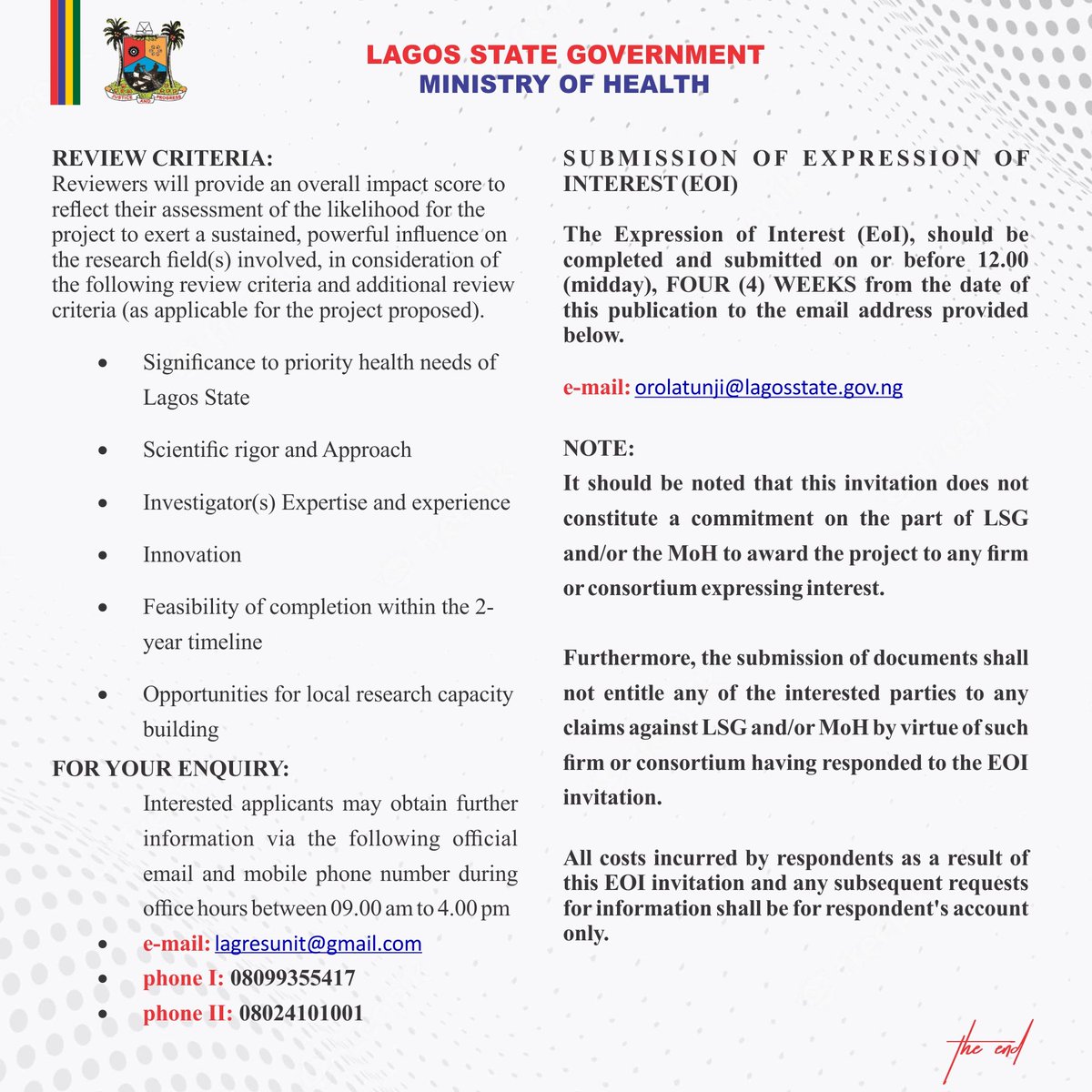LSMOH's tweet photo. INVITATION FOR EXPRESSION OF INTEREST (EOI) 

FOR GRANTS FOR HEALTH RESEARCH

@followlasg @jidesanwoolu @ProfAkinAbayomi @nighealthwatch @nimrnigeria @UCHealthAction @healthResearchj @fhi360research @Cemhri @drpc_nig @Mr_JAGs @Oreoluwa_Finnih @thetundeajayi @LagosNma @nmanigeria https://t.co/WsGjR8z6qW
