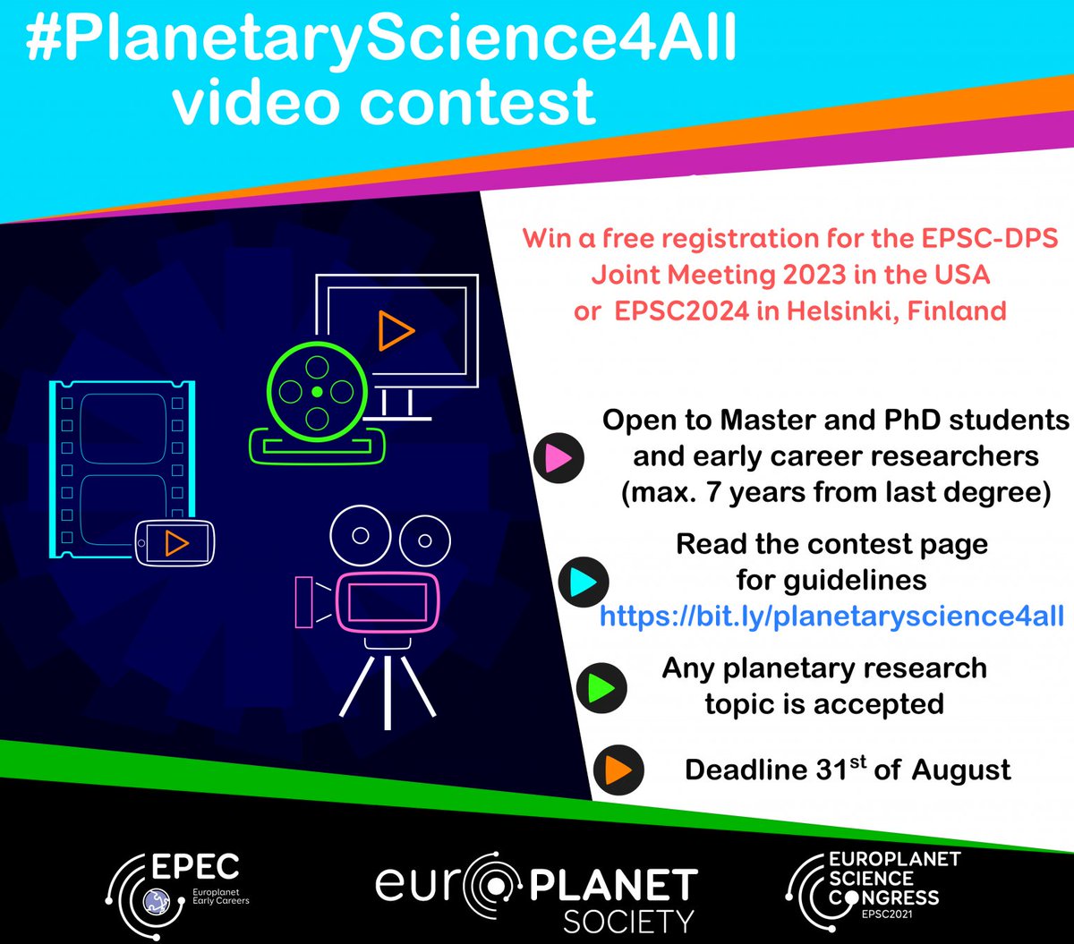 europlanetmedia's tweet photo. You have still some days remaining to participate to the #PlanetaryScience4All @epec_epn VIDEO CONTEST! All info and istructions here: https://t.co/KbhVAD1H7y
#EPSC2022 https://t.co/r2L3oZTVMb
