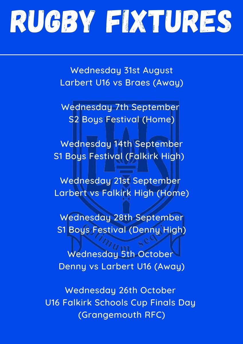 MrCassellsPE's tweet photo. After School Rugby @LarbertHigh is back next week - all new players are welcome! Please also see below the dates of upcoming fixtures! 🏉 @LHS_HWB @LHS_SOR @Grangemouth_RFC https://t.co/p8AEJmKvip
