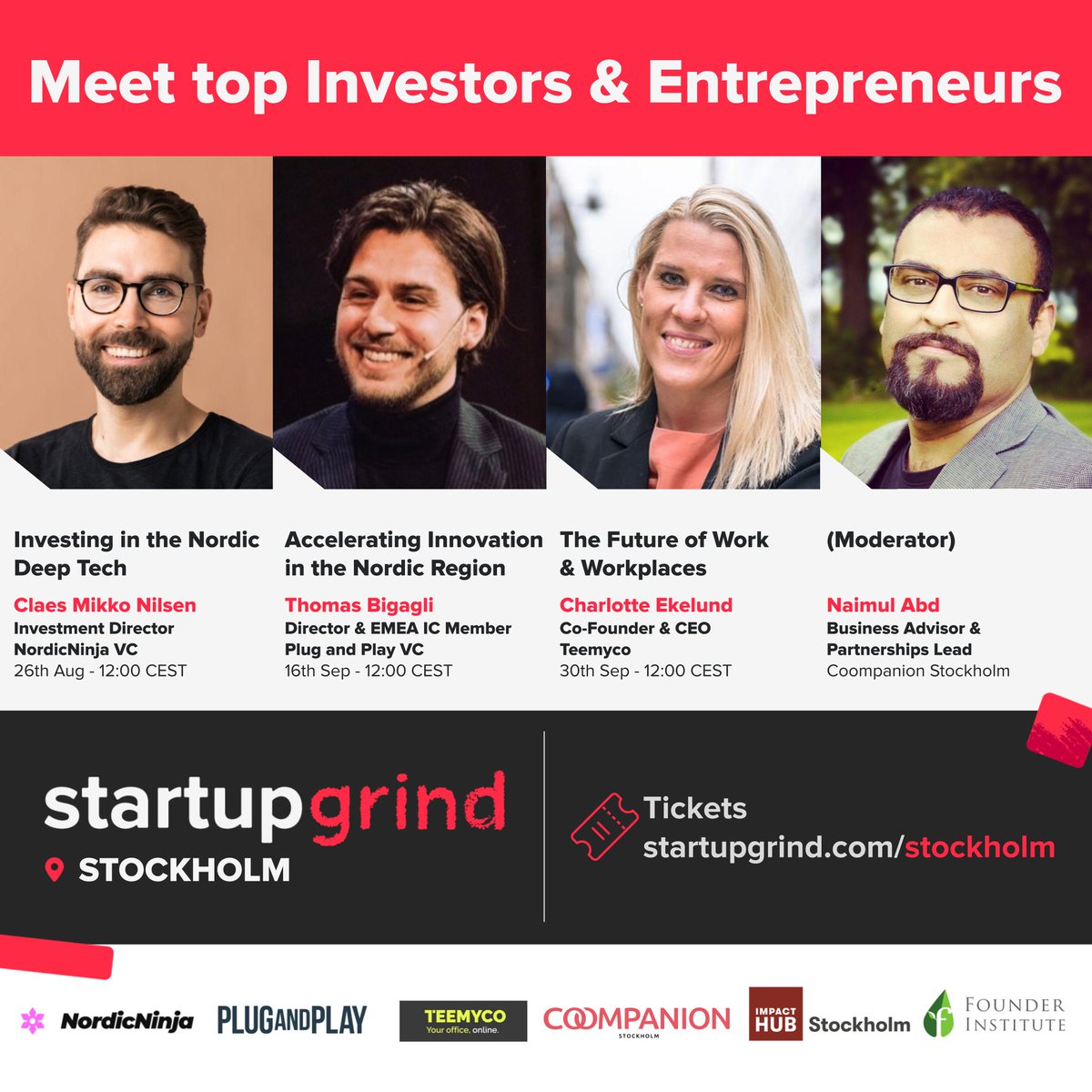 Startup Grind Stockholm (@startupgrindsto) on Twitter photo Curious about #deeptech #funding, #startup #acceleration & #futureofwork in #Nordics? Join our fireside chats w/ <a href="/claesmikko/">Claes Mikko Nilsen</a> <a href="/NordicNinjaVC/">NordicNinjaVC</a> <a href="/ThomasBigagli/">Bigagli Thomas</a> <a href="/PlugandPlayTC/">Plug and Play Tech Center</a> & Teemyco.
<a href="/DerekjAndersen/">Derek Andersen</a> @PhinMpofu <a href="/Naimulabds/">Naimul Abd</a> <a href="/Coompanion/">Coompanion</a> <a href="/StartupGrind/">Startup Grind</a> <a href="/thesgdao/">SG DAO</a>
#Startups #Community Curious about #deeptech #funding, #startup #acceleration & #futureofwork in #Nordics? Join our fireside chats w/ <a href="/claesmikko/">Claes Mikko Nilsen</a> <a href="/NordicNinjaVC/">NordicNinjaVC</a> <a href="/ThomasBigagli/">Bigagli Thomas</a> <a href="/PlugandPlayTC/">Plug and Play Tech Center</a> & Teemyco.
<a href="/DerekjAndersen/">Derek Andersen</a> @PhinMpofu <a href="/Naimulabds/">Naimul Abd</a> <a href="/Coompanion/">Coompanion</a> <a href="/StartupGrind/">Startup Grind</a> <a href="/thesgdao/">SG DAO</a>
#Startups #Community