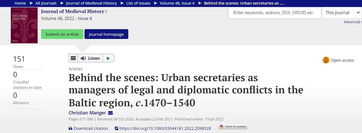 What's in a job's name? More than you'd  think!
New publication on premodern urban secretaries by project member Christian Manger, in the Journal of Medieval History:

bit.ly/3CpaTVR

#medievaltwitter #diplomatichistory #Hanse #urbanhistory