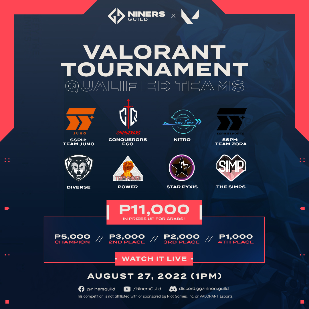 NinersGuild's tweet photo. Here are the final teams who will be participating in our 1st Niners Guild In-House Tournament! 🔫🔥

Watch the semi-finals and final round live this Saturday (August 27, 2022) at 1PM 🔶 #VALORANT https://t.co/ezIKISYapC