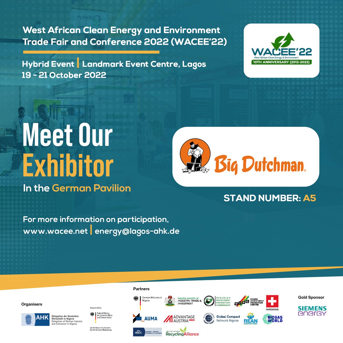 AhkNigeria's tweet photo. We are pleased to announce Big Dutchman Nigeria as an exhibitor for the upcoming West African Clean Energy and Environment Trade fair and conference (#WACEE22) taking place in Lagos, Nigeria from 19 - 21 October, 2022 @ Landmark Centre.
#PartnerInNigeria #PartnerforWACEE #WACEE22 https://t.co/tVWNE1rMjR