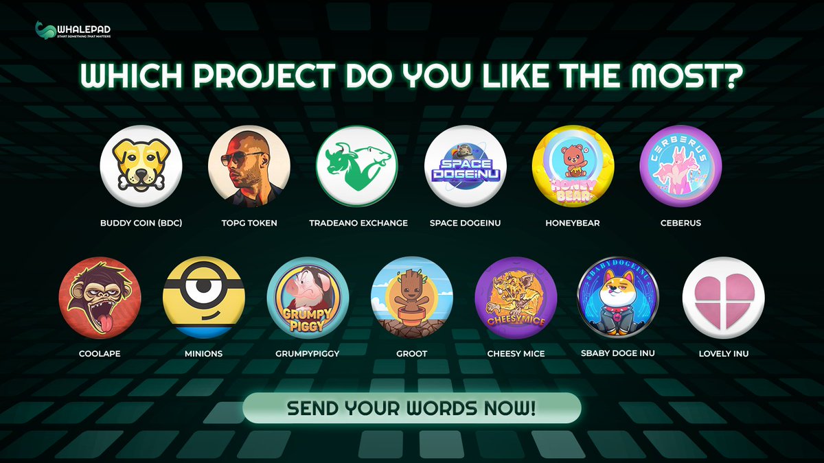 WhalePadAnn's tweet photo. 🤠 Which #Crypto Project is currently your favorite on WhalePad? 

🎉👍Please like and retweet this post to your communities to accurize as genuine as possible. If not listed, @ them in the comment or suggest them to DM us now!

#DOGE #BuddyCoin #TOPGToken #Tradeano #SpaceDogeInu https://t.co/y7OMtXgzKG