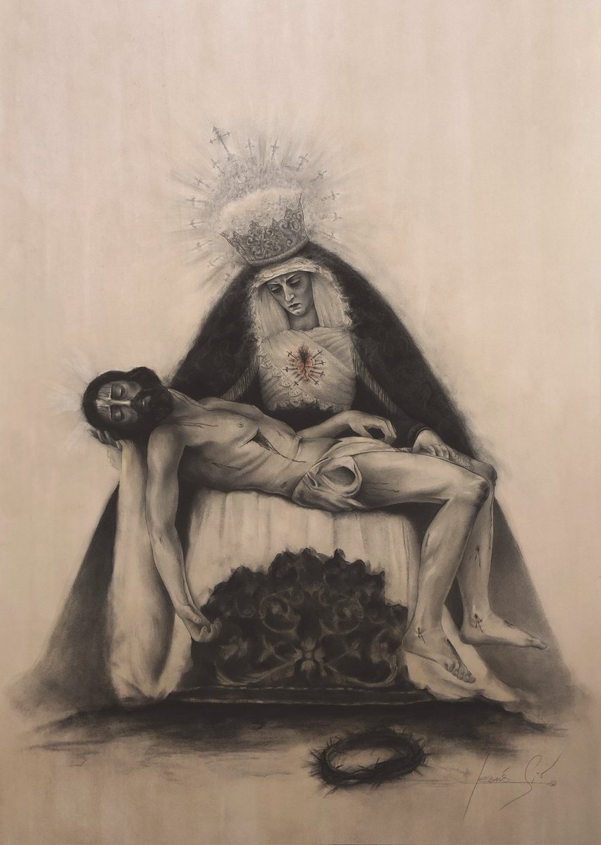 #LaRecogía | Nuestra Señora de los Dolores y el Santísimo Cristo de la Providencia, de la <a href="/RealHdadServita/">Real Hermandad Servita</a>, según el arte de <a href="/GilperezArte/">GilPerez.Arte</a>; la obra se titula "Piedad (Contemplación)", empleando una técnica mixta sobre papel entintado