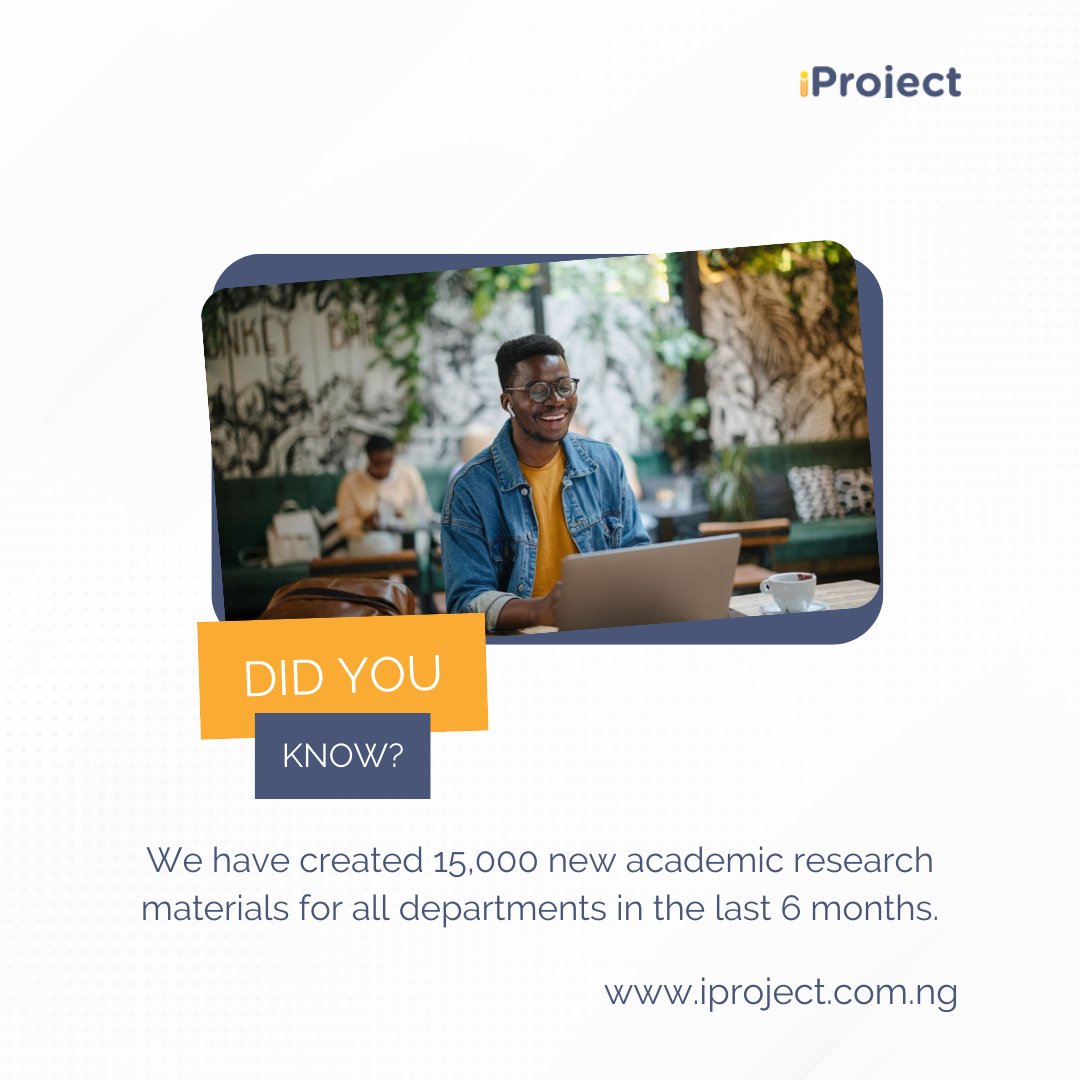 iprojectng's tweet photo. As a research firm, we are dedicated to providing you with the best academic research materials.
In the last six months, our researchers have created 15,000 New project materials for all departments.
We have you covered, regardless of your department.
Visit our website today. https://t.co/9COXVTLYjw