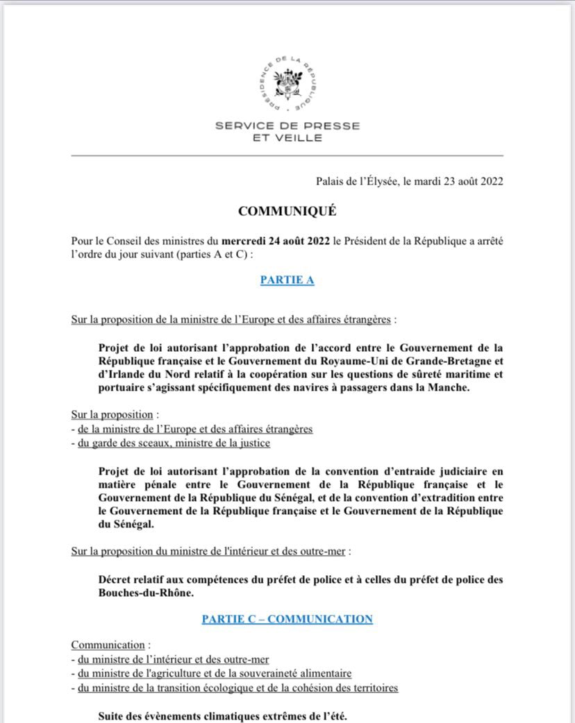 Conseil des ministres de rentrée ce matin. Au menu notamment, la présentation d’un décret relatif aux compétences du préfet de #police de Paris et à celles du préfet de police des Bouches-du-Rhône. L’ordre du jour