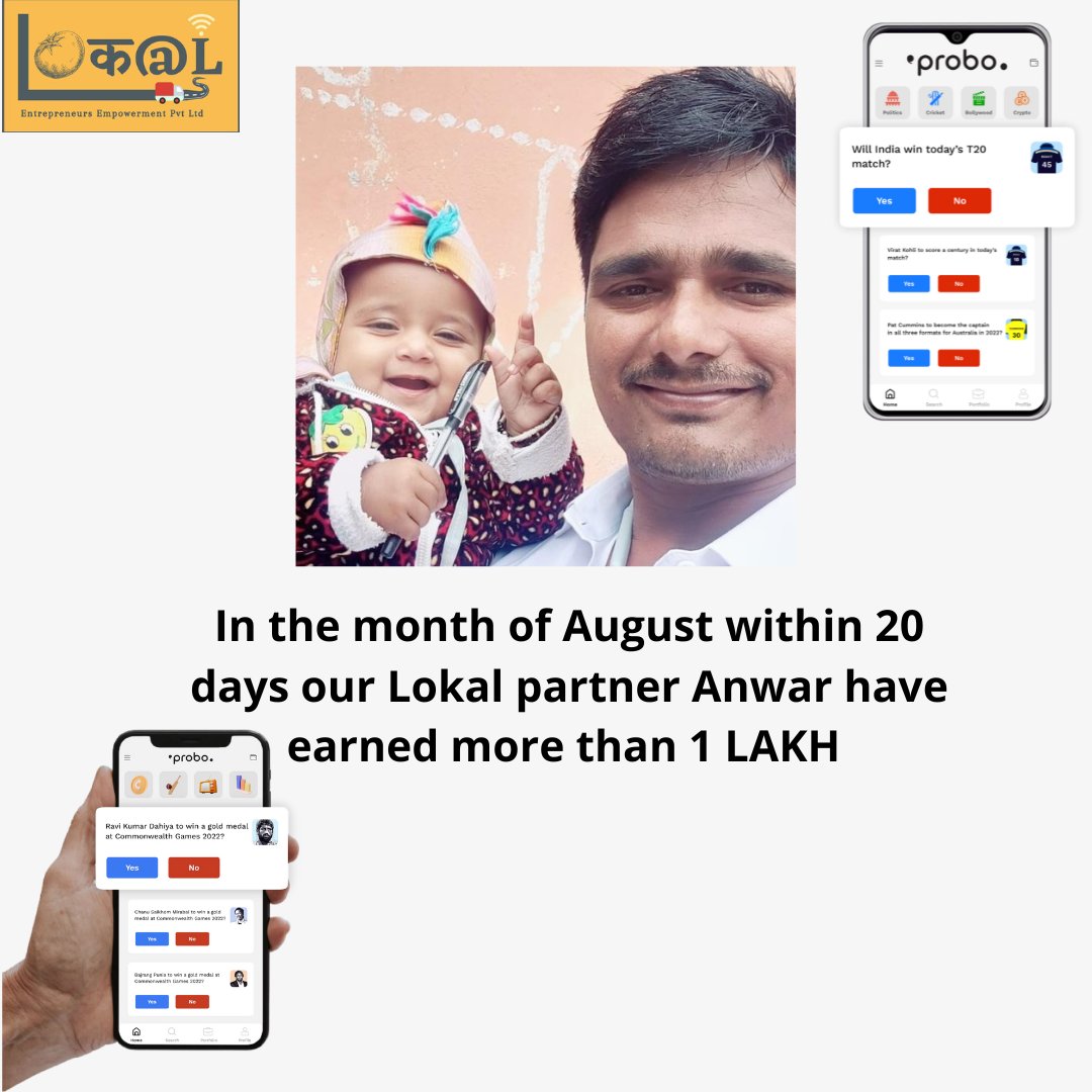 LokalEmpower's tweet photo. @LokalPartner Anwar has performed tremendous in the service of PROBO in the month of august within 20 days he earned more than 1 lakh rupees 
Don't think and start PROBO https://t.co/6kRbBhHrIx