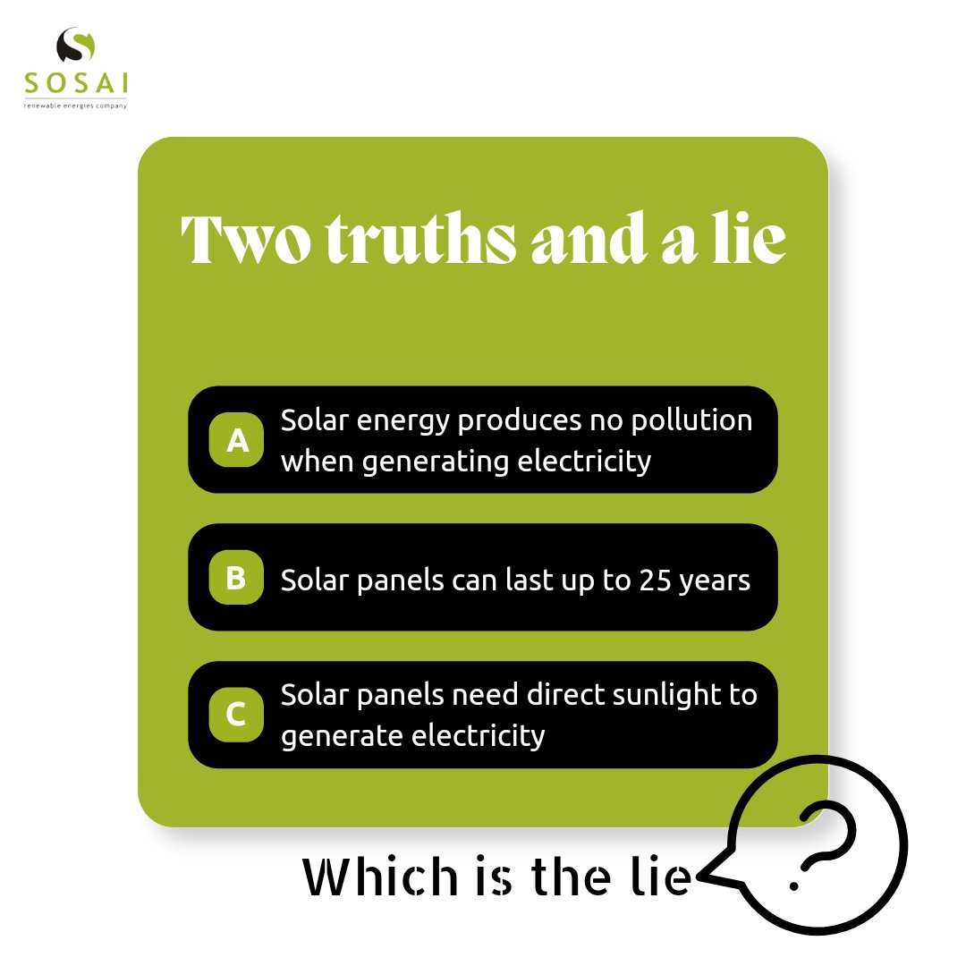 sosairen's tweet photo. Let's see how much you know about solar energy π
There are two truths and one lie in the statements above, which is the lie?
#solarpower #gosolar #energyaccess #solarquestions #renewablepower #solarteasers #solarenergy #sustainableenergy #2truthsandalie #energyquestions https://t.co/fkW3iFMPZy
