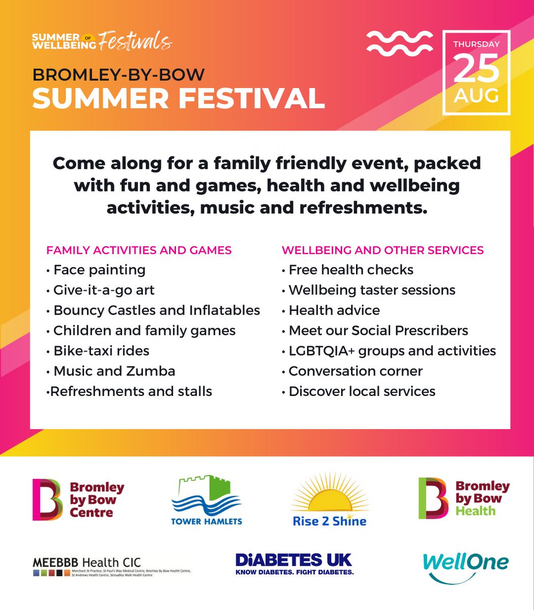 WeAreWellOne's tweet photo. It's the Bromley-By-Bow #SummerOfWellbeing festival TOMORROW 🎉🎉
Come and join in the fun at the Bromley By Bow Centre on St Leonard's Street, E3 from 12 - 4pm!
#TowerHamlets #FreeFestival #FamilyFun #KidsActivities #BowE3 #HealthAndWellness #SocialPrescribing https://t.co/ayhNXT3UGi