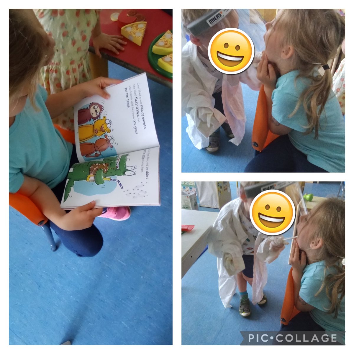 Portico Dental practice is busy this week! The children love checking their teeth and joining in this role play whilst learning about how to keep their teeth healthy and clean. We love reading 'Croc goes to the dentist'. "We have to brush them twice a day" says A.  <a href="/PorticoNicole/">Nicole Politis</a>