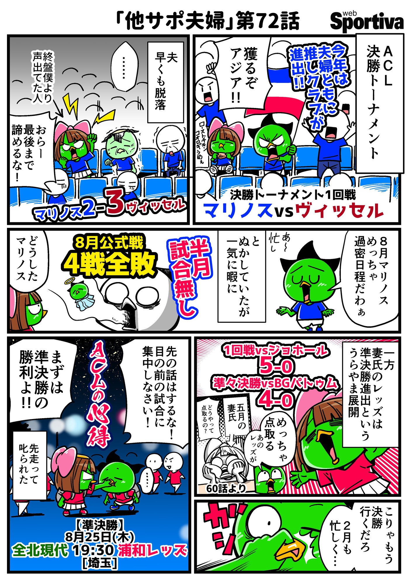 集英社スポルティーバ 夫婦で応援するクラブが違うと色々ある 千田純生先生 Chidajunsei3163 の連載 他サポ夫婦 第72話です それぞれが意気込んで臨んだacl決勝トーナメントは まさかの明暗を分ける結果に どうなるacl どうなる他サポ夫婦