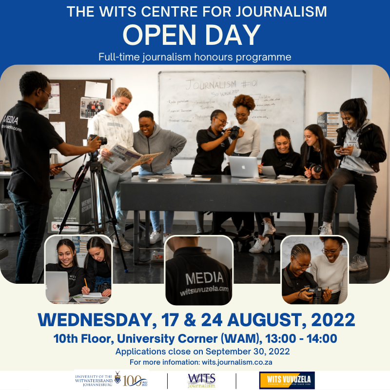 Journ_SA's tweet photo. OPEN DAY: Do you have what it takes to become South Africa's next star journalist? Come find out at our open day on 24 August
10th Floor, University Corner (WAM) during lunch!
#StudyJournalism https://t.co/uB1OZqCOLh