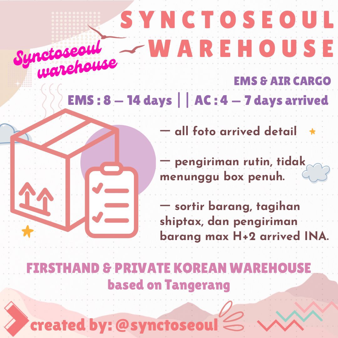 spaciowarehouse's tweet image. ☁️ . . . ⇢ ꒰ welcome to
❲ ✦ 𝗦𝗬𝗡𝗖𝗧𝗢𝗦𝗘𝗢𝗨𝗟 𝗪𝗔𝗥𝗘𝗛𝗢𝗨𝗦𝗘 ✦ ❳ 

➳ ✿ [ #syncwh_services    ] ! ·˚ 
➳ ✿ [ #syncwh_arrivedkr   ] ! ·˚ 
➳ ✿ [ #syncwh_arrivedina ] ! ·˚ 
➳ ✿ [ #syncwh_shipment  ] ! ·˚
➳ ✿ [ #syncwh_testimoni  ] ! ·˚