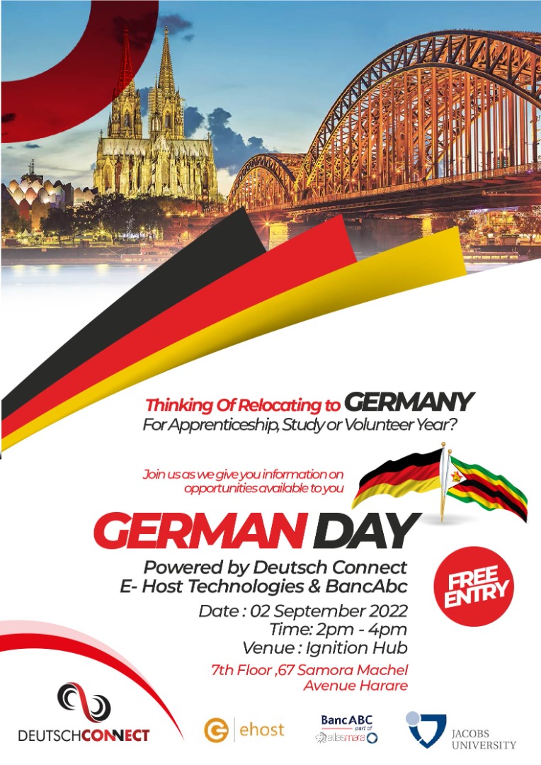 kumbiraichipaz's tweet photo. With our partners @IgnitionHubZW @BancabcZW @jacobsuniversity @ConnectDeutsch we bring you an event to highlight opportunities available for you in Germany 🇩🇪 and share testimonials of those who have walked a similar journey. Open to young people between 18 - 35years old!! https://t.co/QIPADnl0Kn
