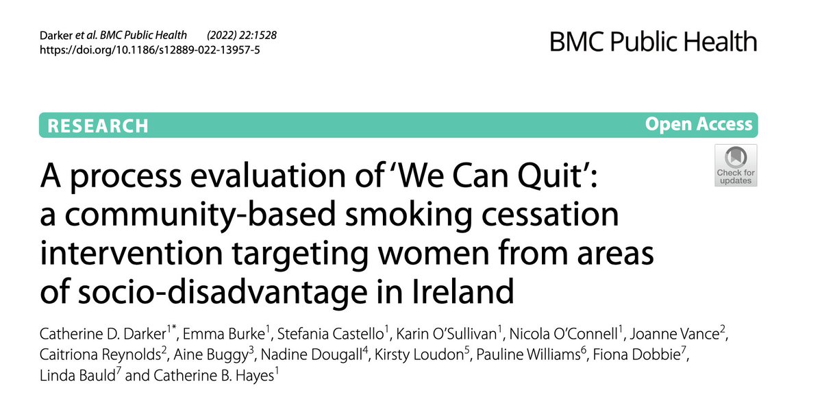 Prof Catherine Darker (@catherinedarker) on Twitter photo bmcpublichealth.biomedcentral.com/articles/10.11…
Results of embedded process evaluation using UK MRC framework in complex RCT #publichealth trial for smoking cessation in Ireland. <a href="/hayesc94/">Catherine Hayes</a> <a href="/LindaBauld/">Linda Bauld</a> <a href="/noconne/">Nicola O'Connell</a> <a href="/HsehealthW/">HSE Health & Wellbeing</a> <a href="/IrishCancerSoc/">Irish Cancer Society</a> Open access via BMC Public Health journal bmcpublichealth.biomedcentral.com/articles/10.11…
Results of embedded process evaluation using UK MRC framework in complex RCT #publichealth trial for smoking cessation in Ireland. <a href="/hayesc94/">Catherine Hayes</a> <a href="/LindaBauld/">Linda Bauld</a> <a href="/noconne/">Nicola O'Connell</a> <a href="/HsehealthW/">HSE Health & Wellbeing</a> <a href="/IrishCancerSoc/">Irish Cancer Society</a> Open access via BMC Public Health journal