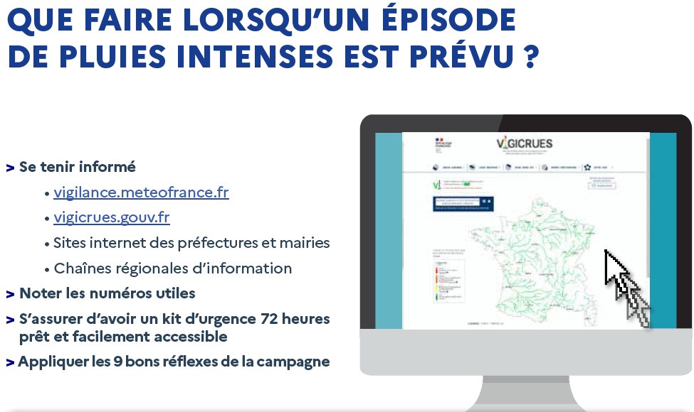 ⛈️ #PluieInondation #BonsRéflexes

✔️ Je prépare mon kit d'urgence 72h ⛑️

✔️ Je reste informé et à l'écoute des consignes des autorités 📻📱💻 <a href="/VigiMeteoFrance/">VigiMétéoFrance</a> <a href="/Vigicrues/">Vigicrues</a>

✔️ J'applique les #BonsRéflexes
👉 pluie-inondation.gouv.fr

#Inondations #CultureDuRisque