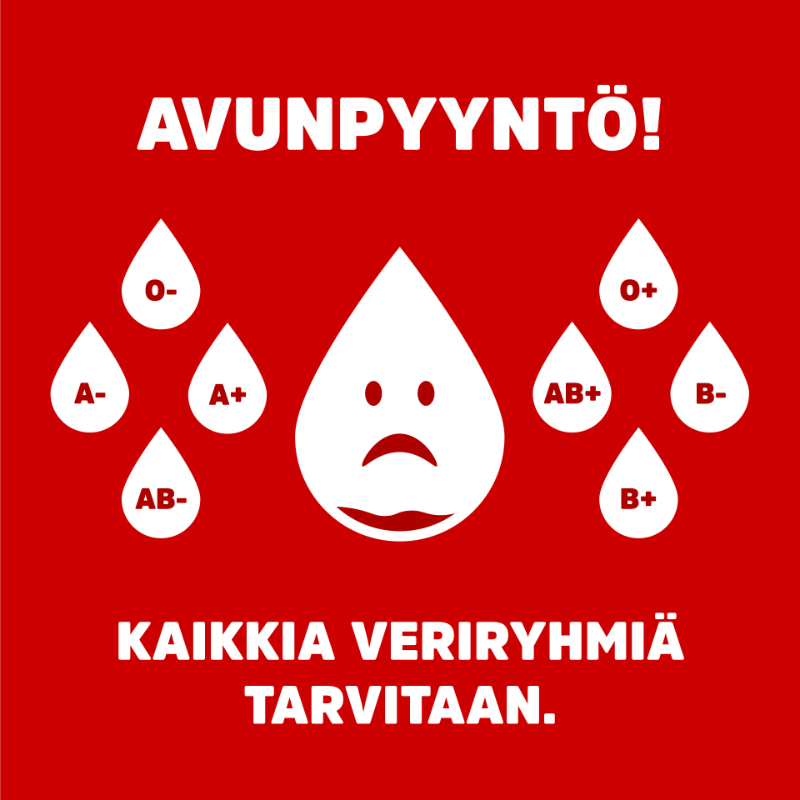 Veripalvelu's tweet photo. Maamme verivarastot ovat hupenemassa!🚨

Pääsetkö avuksi, jotta verivalmisteiden saanti pystytään turvaamaan kaikille potilaille?
